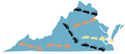 Motor parade on map of Virginia