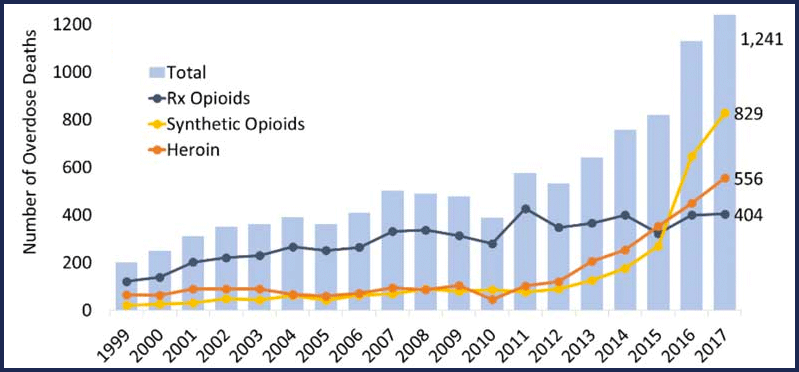Number of overdose deaths involving opioids in Virginia, by opioid category. Source: CDC WONDER.